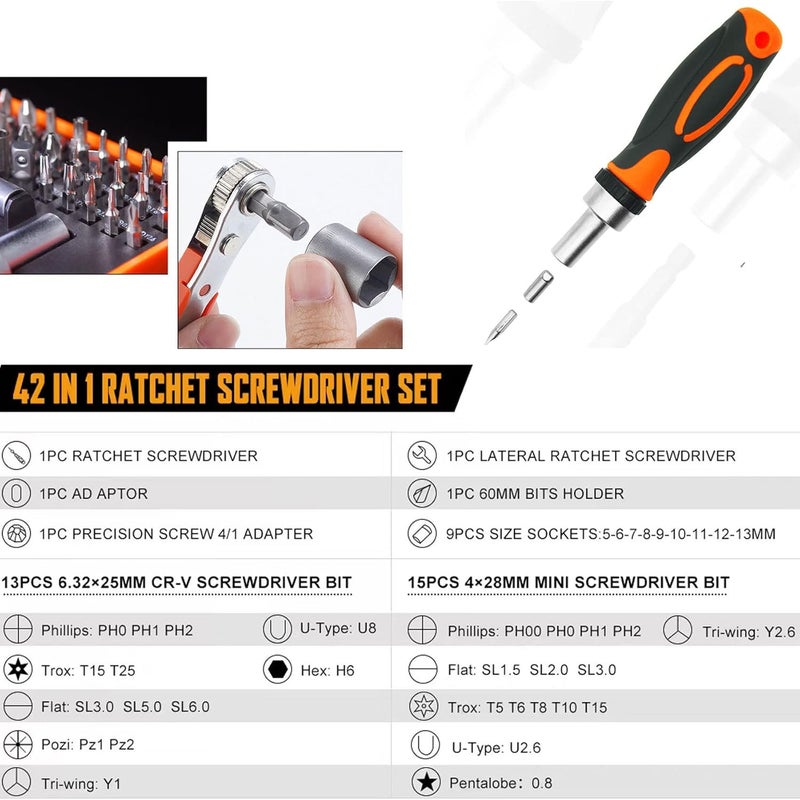 TOOLMAK Ratcheting Screwdriver Set Screwdriver 42 in 1 Ratchet Wrench Set, With Rotatable Ratchet Handles ＆ Storage Case, Household Repair Tool Kits for Bike - Image 2